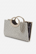 Silver Rhinestone Circle Handle Evening Clutch Bag - Crystal Gala Purse