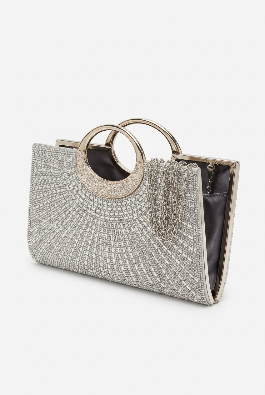 Silver Rhinestone Circle Handle Evening Clutch Bag - Crystal Gala Purse