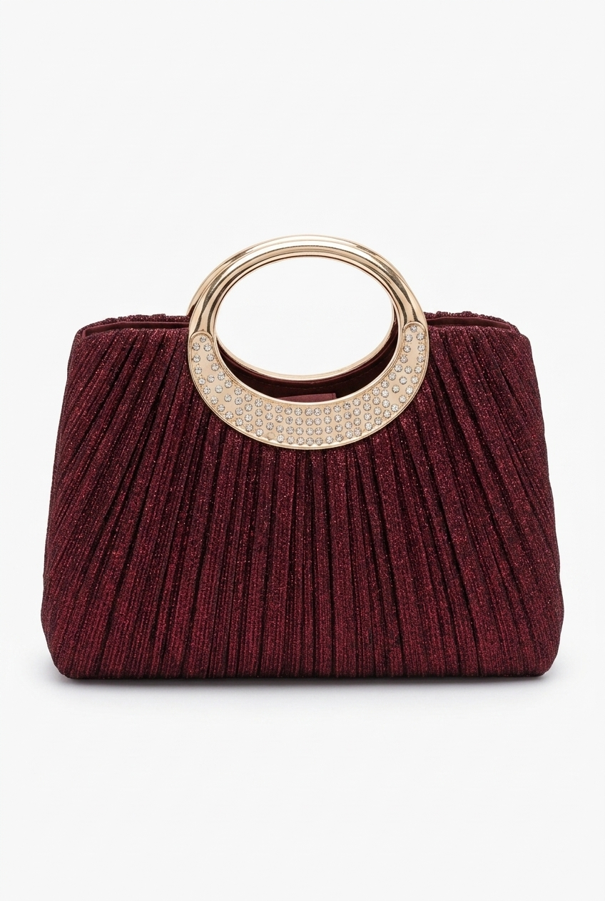 "Seraphina" Burgundy Pleated Satin Top-Handle Evening Bag