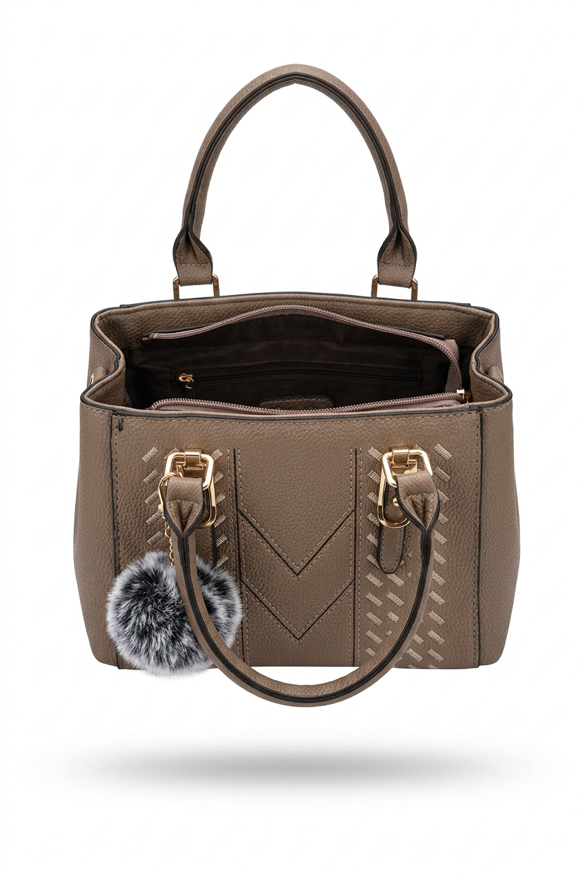 Classic Black Top-Handle Handbag with Faux Fur Keychain Charm