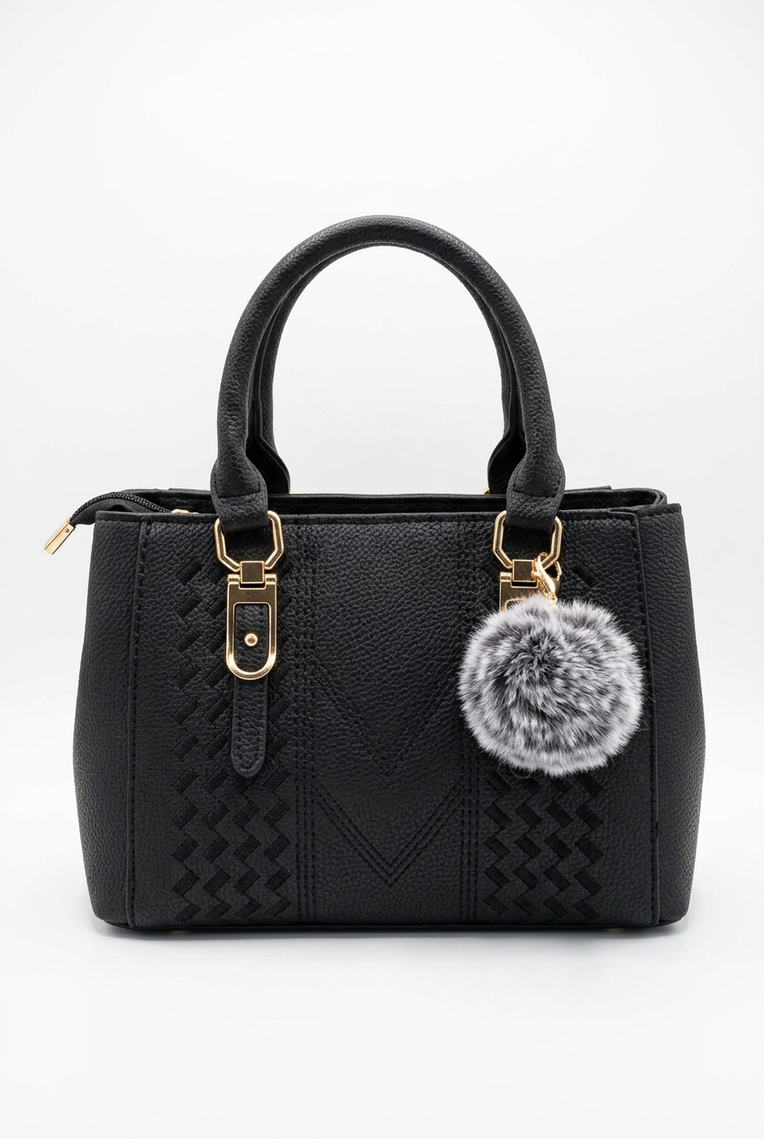 Classic Black Top-Handle Handbag with Faux Fur Keychain Charm