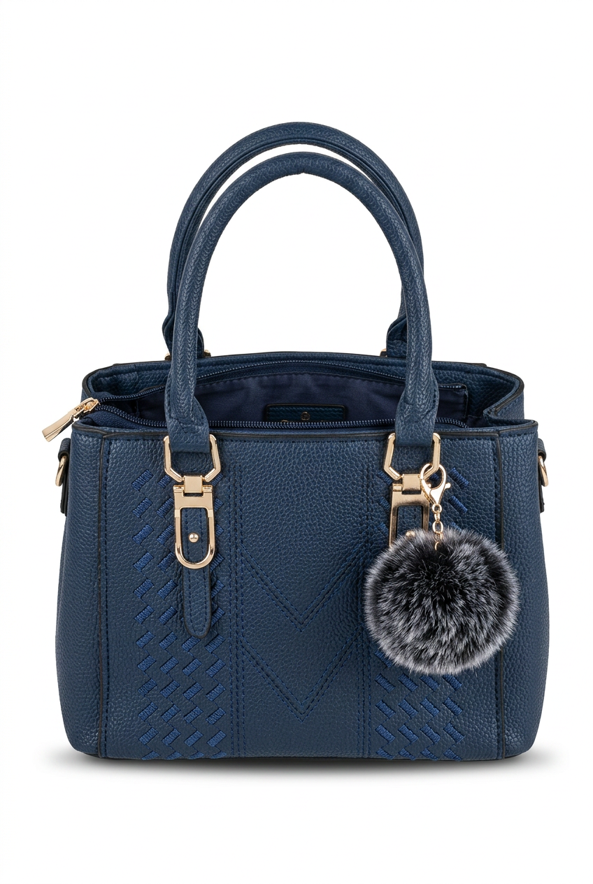 Classic Black Top-Handle Handbag with Faux Fur Keychain Charm