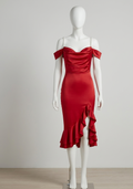 Off-The-Shoulder Satin Ruched Midi Dress with Slit